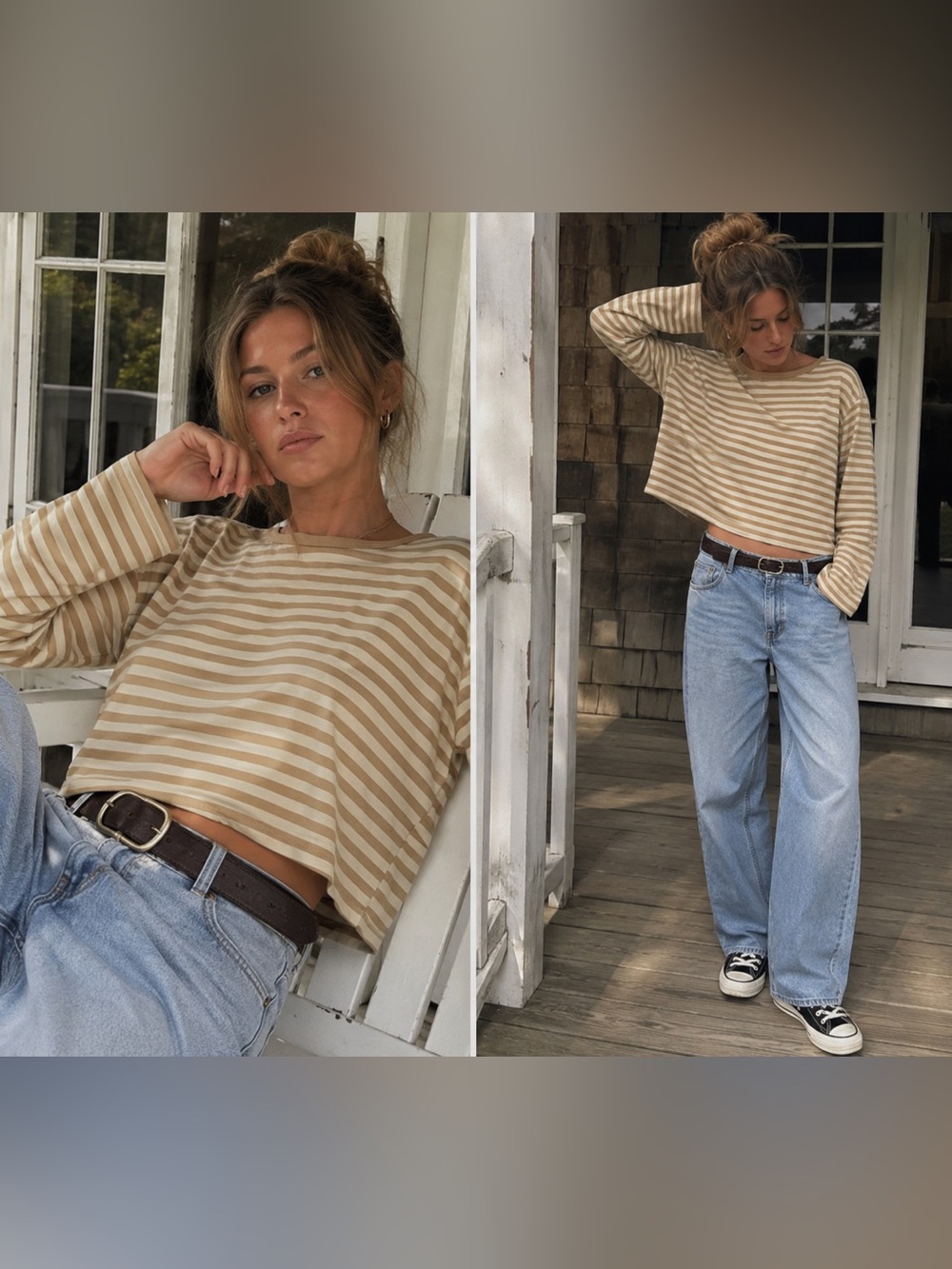 Vintage Esprit Beige & Cream Striped Boxy Long Sleeve Tee Size M EUC